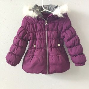 Purple Hooded Fur Trimmed Puffer Jacket